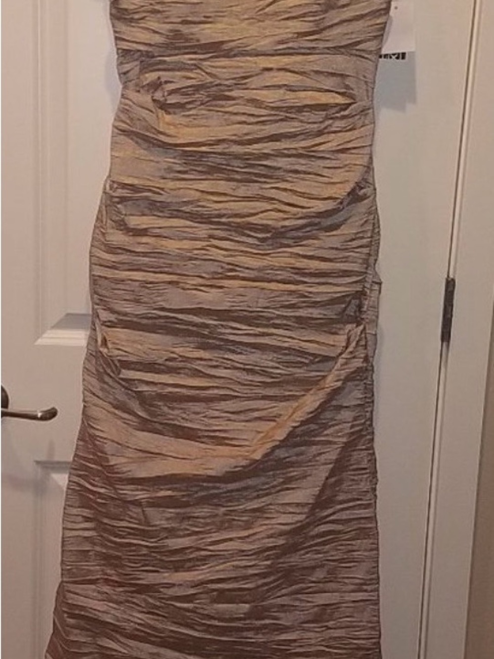 Alex Evenings Strapless Ruched Maxi Dress in Taupe and Champagne